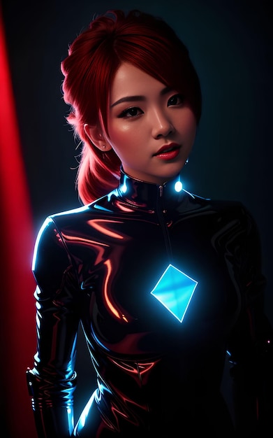 Beautiful asian woman in lightweight armor with mixed color blue and red light Generative AI