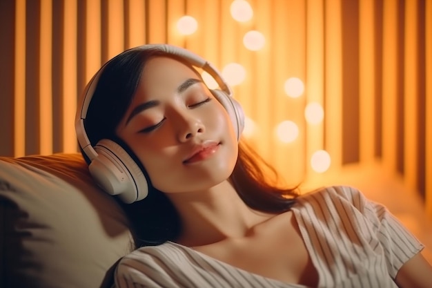 Beautiful asian woman listening to music with headphones on sofa at home