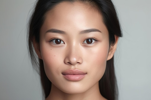 Beautiful Asian woman open face with smooth skin looking at camera on white background