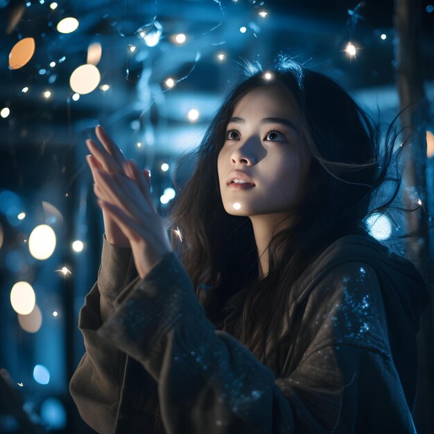 Beautiful asian woman outdoors at night with lights stock photo