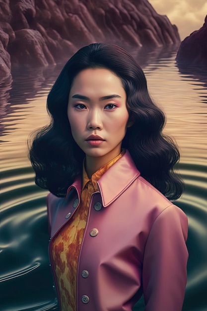 Beautiful Asian woman in pastel space landscape Generative AI