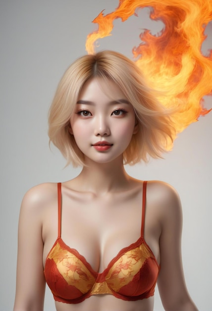 Beautiful asian woman in red bra with fire on gray background