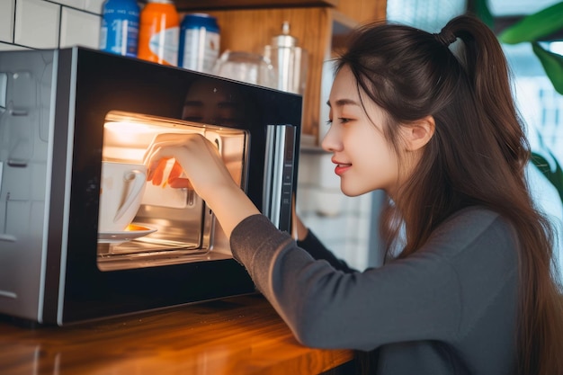 Photo beautiful asian woman reheating her meals inside microwave side shot of a beautiful asian woman ope