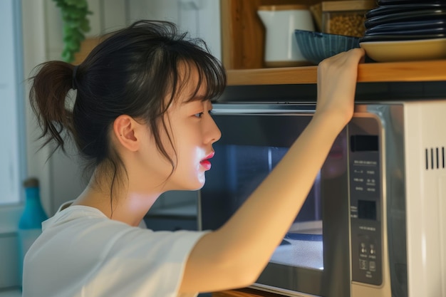 Photo beautiful asian woman reheating her meals inside microwave side shot of a beautiful asian woman ope