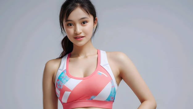 Beautiful asian woman in sportswear looking at camera while standing against grey background