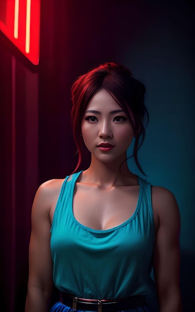 Beautiful asian woman in top dress with mixed color blue and red light Generative AI