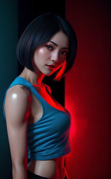 Beautiful asian woman in top dress with mixed color blue and red light Generative AI