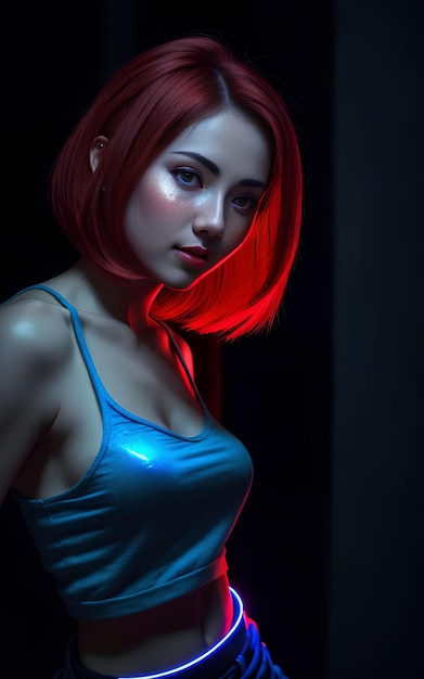 Beautiful asian woman in top dress with mixed color blue and red light Generative AI