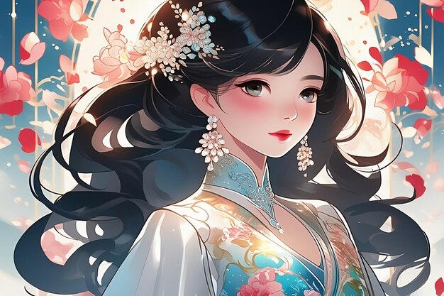 Beautiful asian woman in traditional costume 3d illustration Generative AI