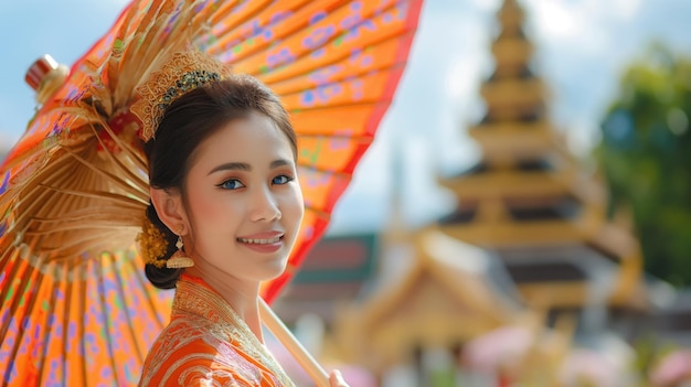 Photo beautiful asian woman in traditional dress with umbrella and temple background