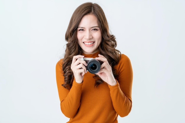 Beautiful asian woman traveller tourist tale photo with happiness and joyful moment isolate white background