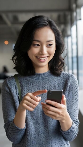 Beautiful asian woman uses smartphone app sends messages in social media chat points away on copy s