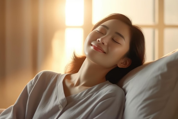 Beautiful asian woman waking up in the morning