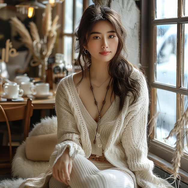 Beautiful asian woman in warm sweater using mobile phone in cafe