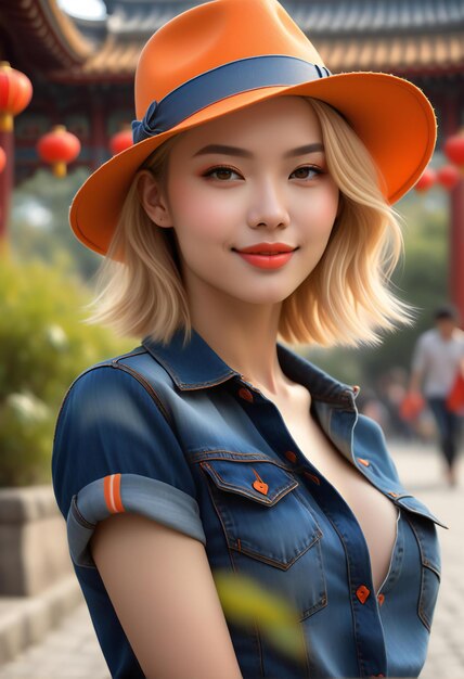 Beautiful asian woman wearing hat and blue shirt in the street