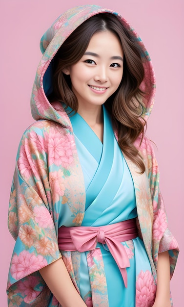 Beautiful asian woman wearing kimono and smiling on pink background