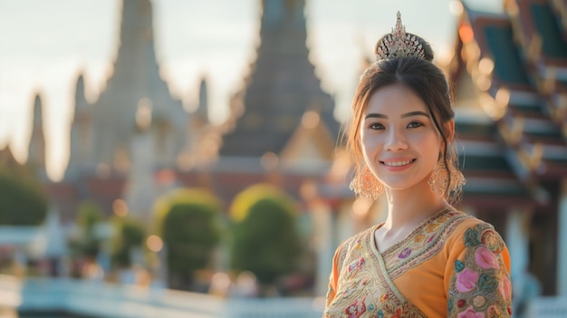 Photo beautiful asian woman wearing traditional thai dress with temple background