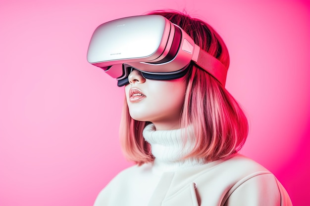 beautiful asian woman wearing virtual reality goggles