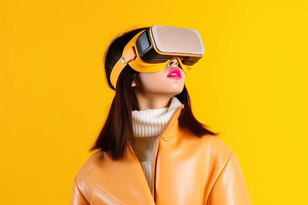 beautiful asian woman wearing virtual reality goggles