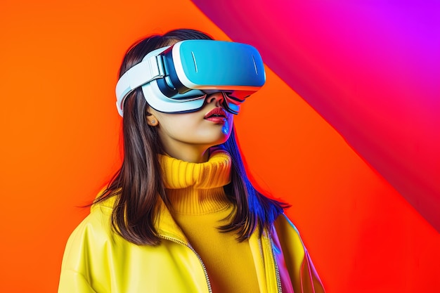 beautiful asian woman wearing virtual reality goggles