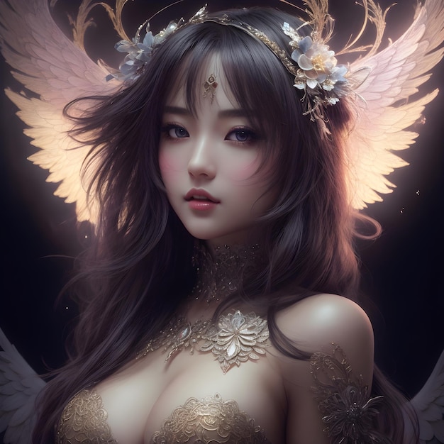 beautiful asian woman with angel wings and flower in her hair generative ai