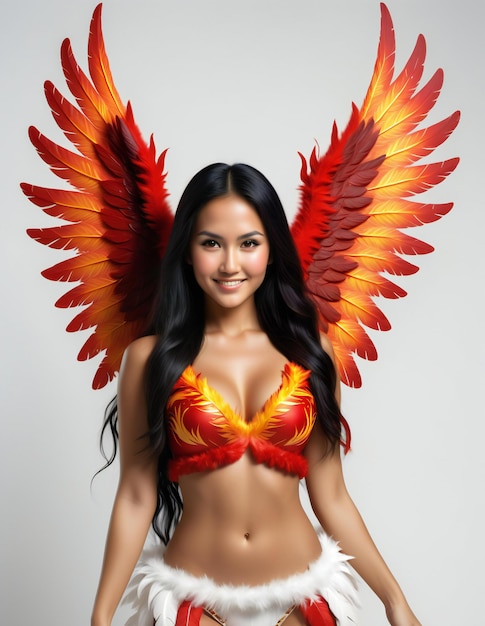 Beautiful asian woman with angel wings on a white background