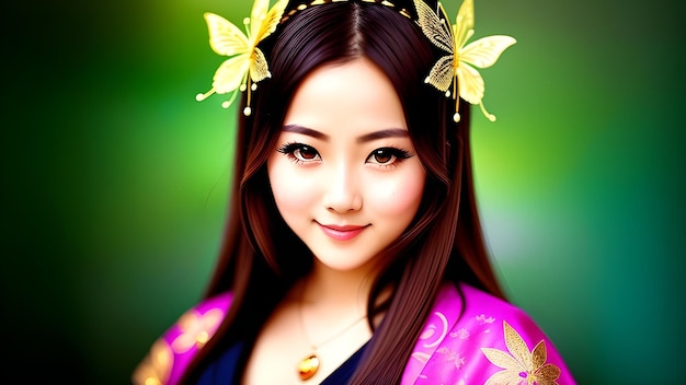 Beautiful asian woman with butterfly in her hair