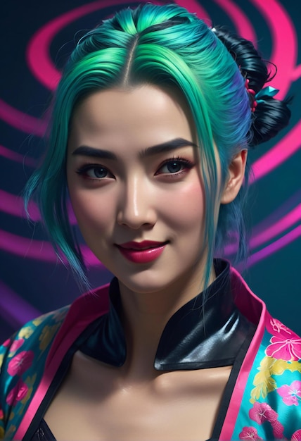 Beautiful asian woman with colorful hair and bright makeup