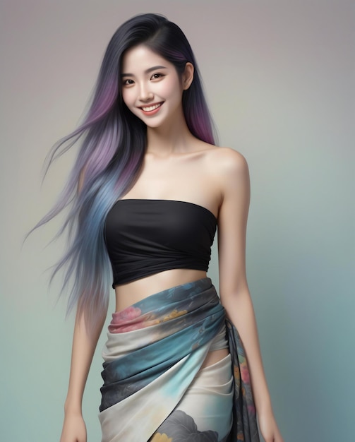 Beautiful asian woman with colorful hair on gray background asian beauty