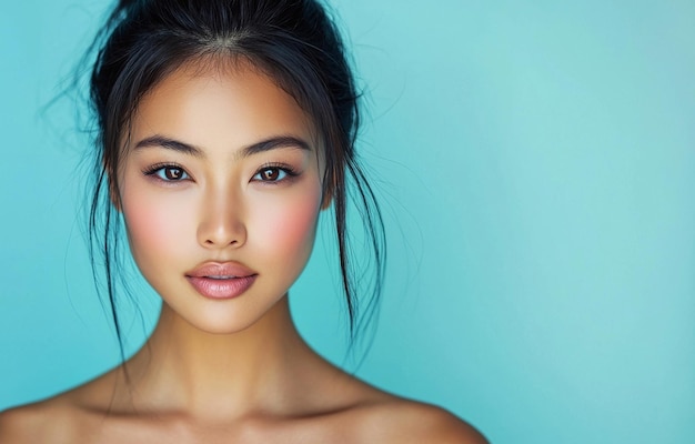 Photo beautiful asian woman with flawless skin beauty cosmetic or skincare fashion portrait on a blue background