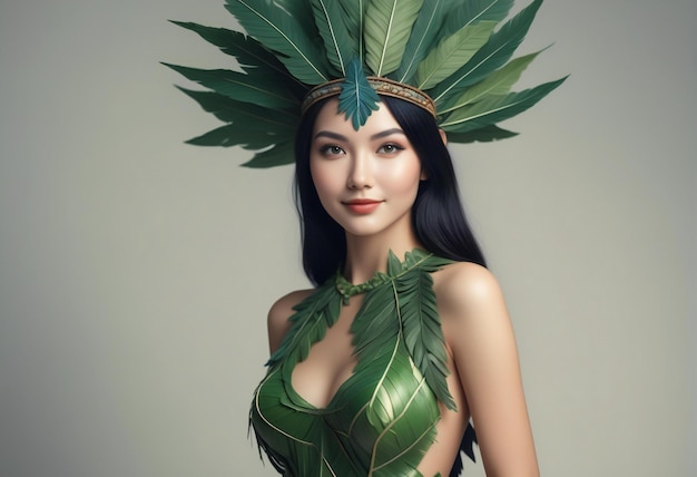 Beautiful asian woman with green leaves in her hair and a wreath on her head