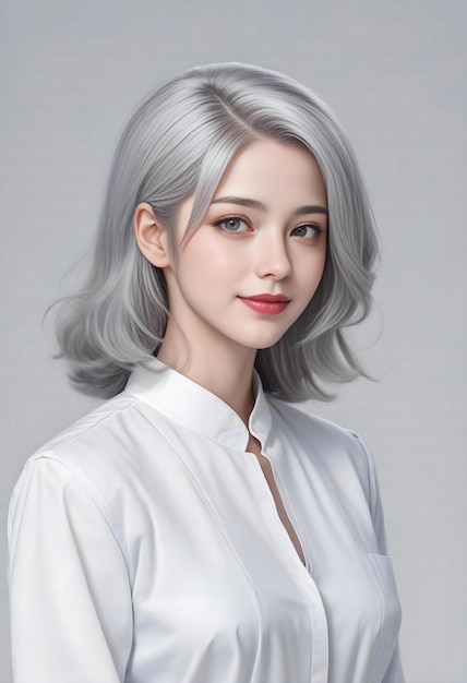 Beautiful asian woman with grey hair and white shirt on gray background