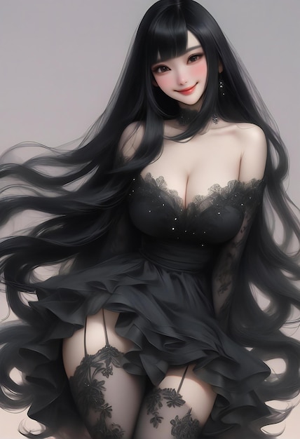 Beautiful asian woman with long black hair in black lingerie