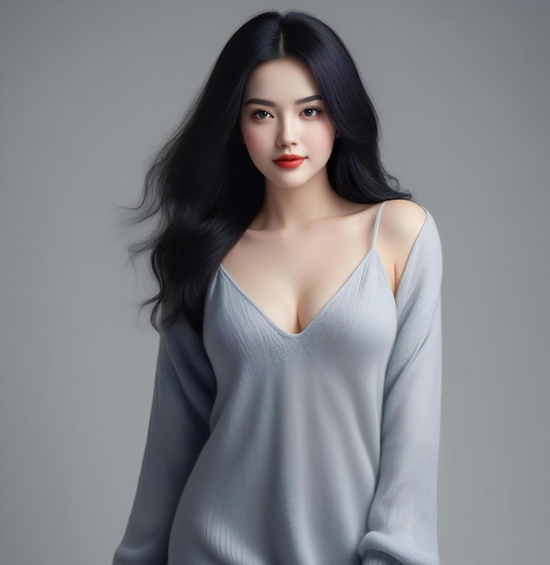 Beautiful asian woman with long black hair and red lips