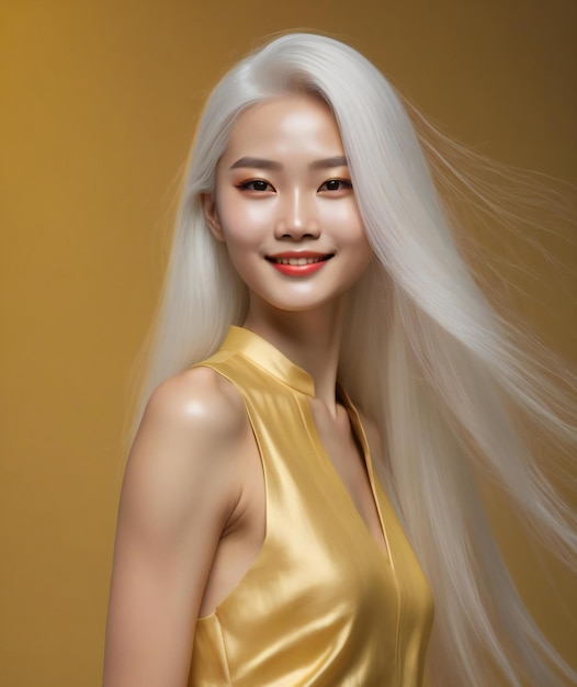 Beautiful asian woman with long white hair in gold dress on yellow background