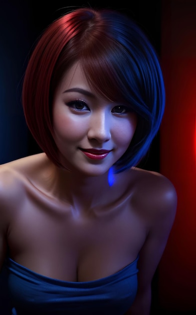 Beautiful asian woman with mixed color blue and red light Generative AI