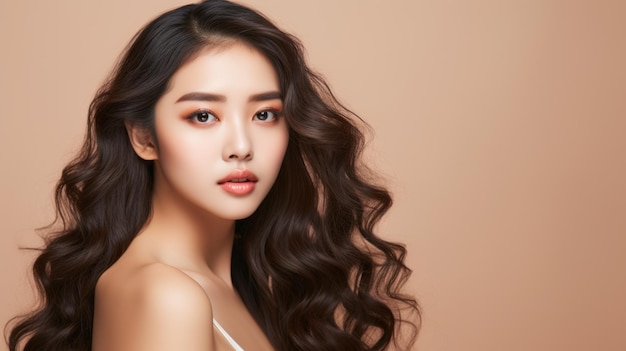 A beautiful Asian woman with perfect fresh clean skin long hair on a beige background with a copy space Makeup Natural Beauty Cosmetics Cosmetology Plastic Surgery Youth Facials Spa concepts