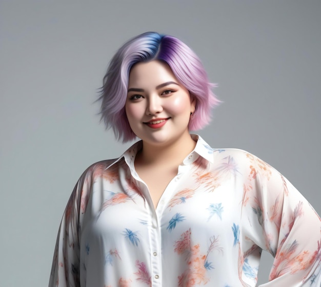 Beautiful asian woman with pink hair and blue shirt on gray background