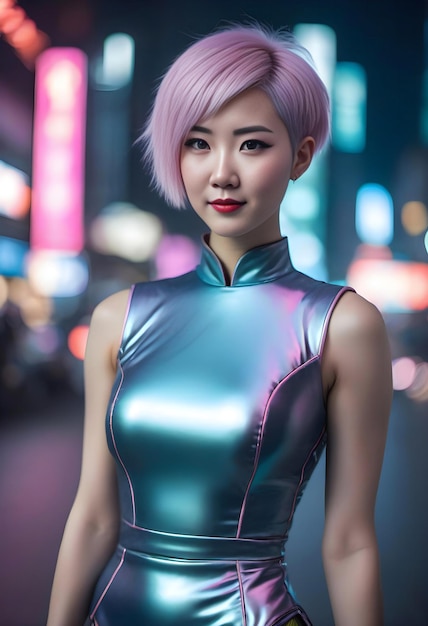 Beautiful asian woman with pink hair in futuristic costume at night