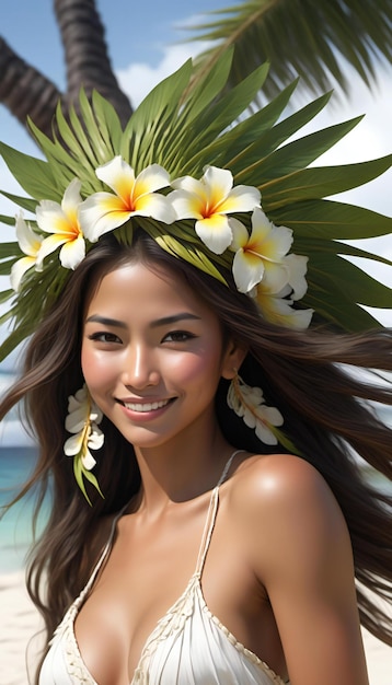 Beautiful asian woman with plumeria flowers in her hair on the beach