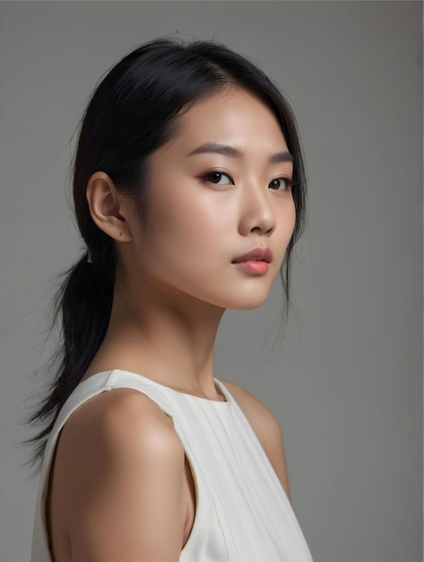 a beautiful asian woman with a ponytail and a black hair