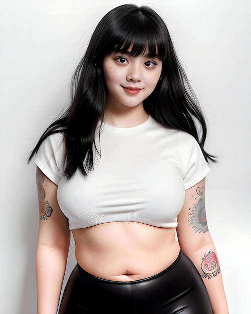 Beautiful asian woman with tattoo on her body and white background