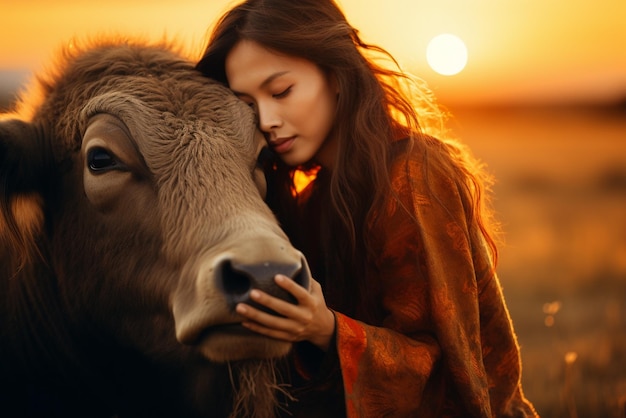 Beautiful Asian woman with traditional clothes hugging caring a bull buffalo cow sunset forest landscape freedom