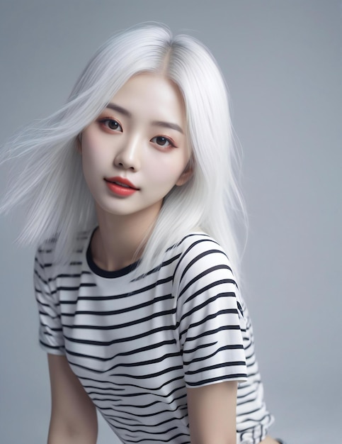 Beautiful asian woman with white hair studio shot on gray background