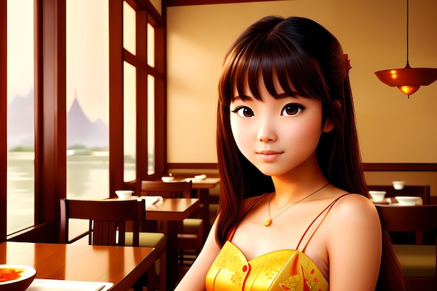 Beautiful Asian young girl in the restaurant AI