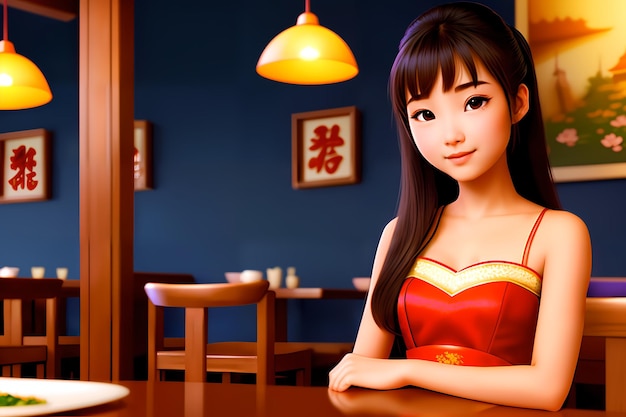 Beautiful Asian young girl in the restaurant AI