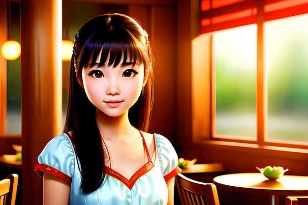 Beautiful Asian young girl in the restaurant AI