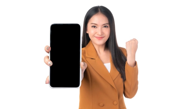 Beautiful Asian young woman Excited surprised girl showing big smart phone with blank screen white screen isolated on white background Mock Up Image