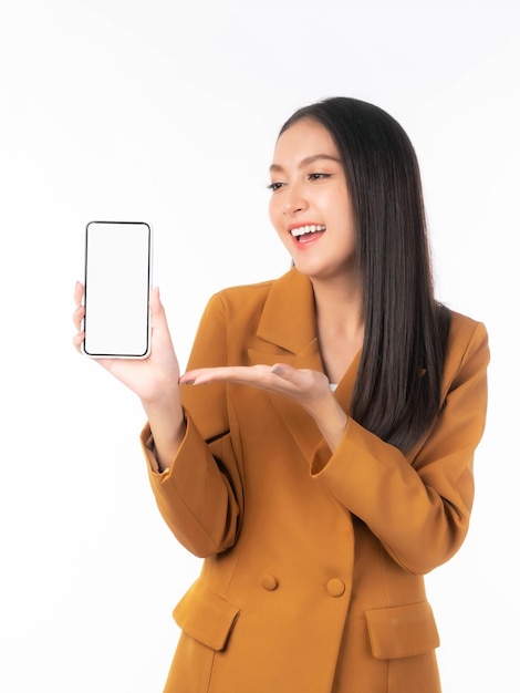 Beautiful Asian young woman Excited surprised girl showing smart phone with blank screen white screen isolated on white background Mock Up Image