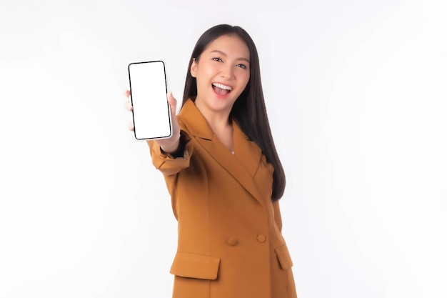 Beautiful Asian young woman Excited surprised girl showing smart phone with blank screen white screen isolated on white background Mock Up Image